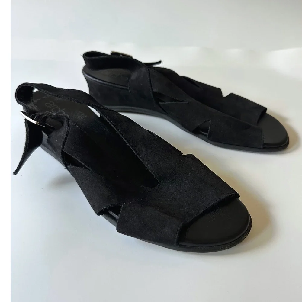 Arche Wedge Sandals Suede Leather Black Slingback Open Toe 39 US 8